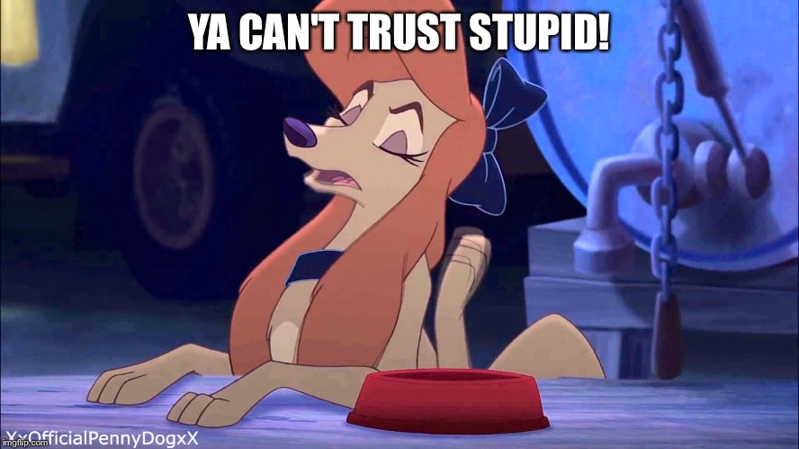 Ya Can't Trust Stupid! | YA CAN'T TRUST STUPID! | image tagged in dixie scoffing,you can't trust stupid,memes,disney,the fox and the hound 2,dog | made w/ Imgflip meme maker