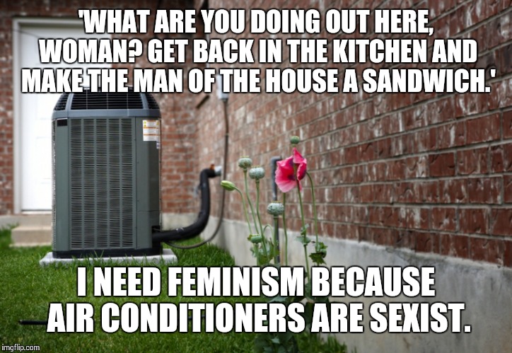 scumbag air conditioner | 'WHAT ARE YOU DOING OUT HERE, WOMAN? GET BACK IN THE KITCHEN AND MAKE THE MAN OF THE HOUSE A SANDWICH.'; I NEED FEMINISM BECAUSE AIR CONDITIONERS ARE SEXIST. | image tagged in scumbag air conditioner | made w/ Imgflip meme maker