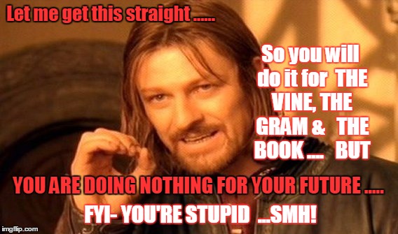 One Does Not Simply | Let me get this straight ...... So you will do it for 
THE VINE, THE GRAM & 

THE BOOK ....   BUT; YOU ARE DOING NOTHING FOR YOUR FUTURE ..... FYI- YOU'RE STUPID  ...SMH! | image tagged in memes,one does not simply | made w/ Imgflip meme maker