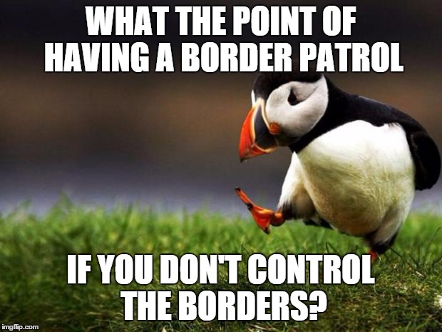 Unpopular Opinion Puffin Meme | WHAT THE POINT OF HAVING A BORDER PATROL; IF YOU DON'T CONTROL THE BORDERS? | image tagged in memes,unpopular opinion puffin | made w/ Imgflip meme maker