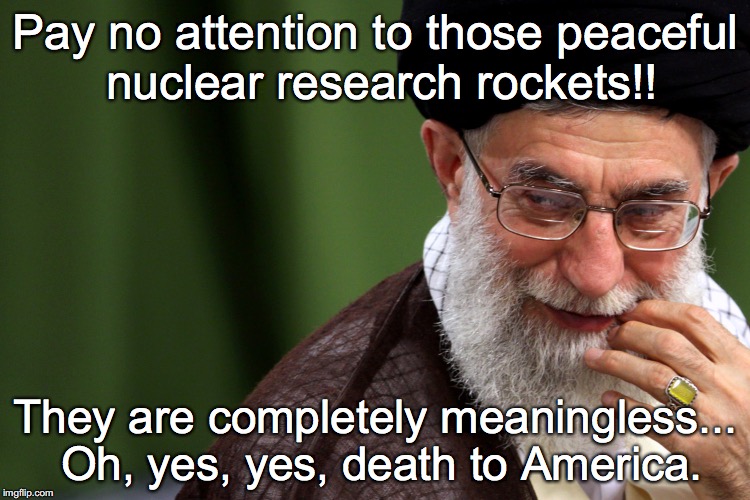 AYATOLLAH KHAMEINI SMUG | Pay no attention to those peaceful nuclear research rockets!! They are completely meaningless... Oh, yes, yes, death to America. | image tagged in ayatollah khameini smug | made w/ Imgflip meme maker