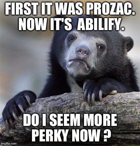 Confession Bear Meme | FIRST IT WAS PROZAC. NOW IT'S  ABILIFY. DO I SEEM MORE PERKY NOW ? | image tagged in memes,confession bear | made w/ Imgflip meme maker