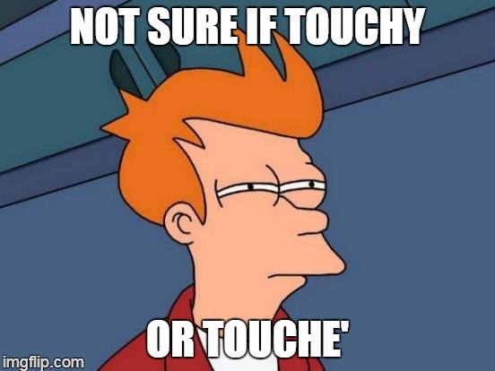 Futurama Fry Meme | NOT SURE IF TOUCHY OR TOUCHE' | image tagged in memes,futurama fry | made w/ Imgflip meme maker