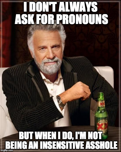 The Most Interesting Man In The World | I DON'T ALWAYS ASK FOR PRONOUNS; BUT WHEN I DO, I'M NOT BEING AN INSENSITIVE ASSHOLE | image tagged in memes,the most interesting man in the world | made w/ Imgflip meme maker