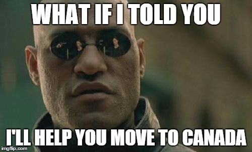 For those who's candidate didn't win | WHAT IF I TOLD YOU; I'LL HELP YOU MOVE TO CANADA | image tagged in memes,matrix morpheus | made w/ Imgflip meme maker