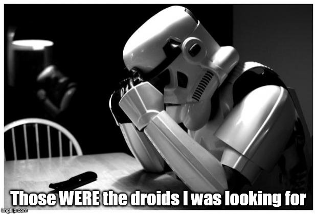 Sad Storm Trooper | Those WERE the droids I was looking for | image tagged in sad storm trooper | made w/ Imgflip meme maker