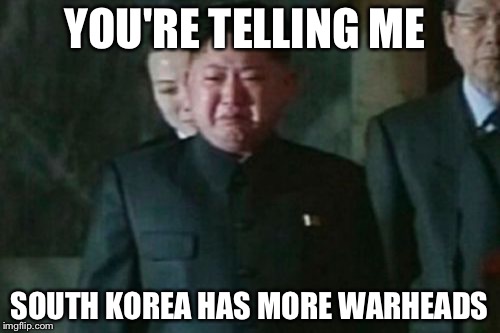 Kim Jong Un Sad Meme | YOU'RE TELLING ME; SOUTH KOREA HAS MORE WARHEADS | image tagged in memes,kim jong un sad | made w/ Imgflip meme maker