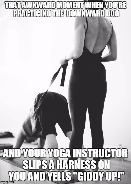 weird instructions yoga instructor | THAT AWKWARD MOMENT WHEN YOU'RE PRACTICING THE  DOWNWARD DOG; AND YOUR YOGA INSTRUCTOR SLIPS A HARNESS ON YOU AND YELLS "GIDDY UP!" | image tagged in yoga,that awkward moment,awkward moment,giddy up,downward dog,original meme | made w/ Imgflip meme maker