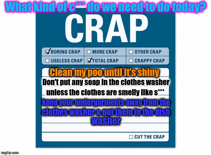What kind of c*** do we need to do today? Clean my poo until it's shiny; Don't put any soap in the clothes washer; unless the clothes are smelly like s***; keep your undergarments away from the; clothes washer & put them in the dish; washer | image tagged in crappy life | made w/ Imgflip meme maker