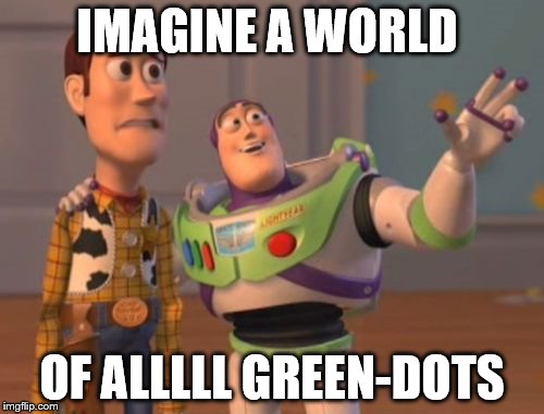 X, X Everywhere | IMAGINE A WORLD; OF ALLLLL GREEN-DOTS | image tagged in memes,x x everywhere | made w/ Imgflip meme maker