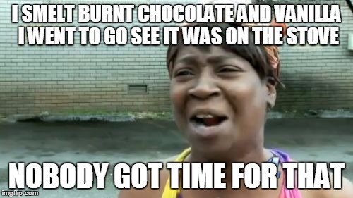 Ain't Nobody Got Time For That | I SMELT BURNT CHOCOLATE AND VANILLA I WENT TO GO SEE IT WAS ON THE STOVE; NOBODY GOT TIME FOR THAT | image tagged in memes,aint nobody got time for that | made w/ Imgflip meme maker