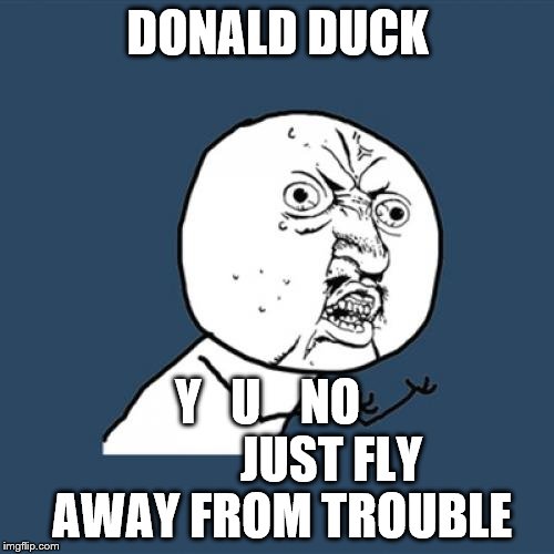 Quitcher quackin', you've got wings! |  DONALD DUCK; Y   U    NO             JUST FLY AWAY FROM TROUBLE | image tagged in memes,y u no,donald,duck,fly | made w/ Imgflip meme maker