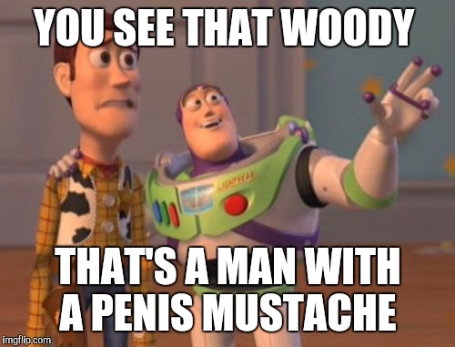 X, X Everywhere Meme | YOU SEE THAT WOODY THAT'S A MAN WITH A P**IS MUSTACHE | image tagged in memes,x x everywhere | made w/ Imgflip meme maker