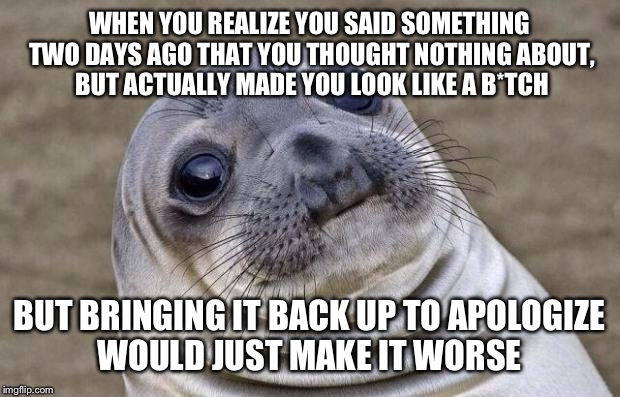 Has this ever happened to anyone else? | WHEN YOU REALIZE YOU SAID SOMETHING TWO DAYS AGO THAT YOU THOUGHT NOTHING ABOUT, BUT ACTUALLY MADE YOU LOOK LIKE A B*TCH; BUT BRINGING IT BACK UP TO APOLOGIZE WOULD JUST MAKE IT WORSE | image tagged in memes,awkward moment sealion | made w/ Imgflip meme maker