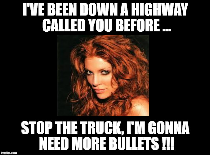 blank black | I'VE BEEN DOWN A HIGHWAY CALLED YOU BEFORE ... STOP THE TRUCK, I'M GONNA NEED MORE BULLETS !!! | image tagged in blank black | made w/ Imgflip meme maker
