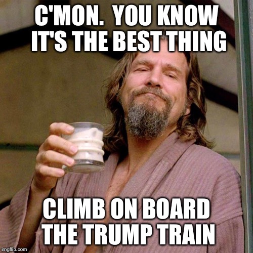 The Dude | C'MON.  YOU KNOW IT'S THE BEST THING; CLIMB ON BOARD THE TRUMP TRAIN | image tagged in the dude | made w/ Imgflip meme maker