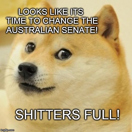 Doge Meme | LOOKS LIKE ITS TIME TO CHANGE THE AUSTRALIAN SENATE! SHITTERS FULL! | image tagged in memes,doge | made w/ Imgflip meme maker