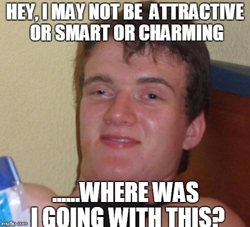 10 Guy Meme | HEY, I MAY NOT BE  ATTRACTIVE OR SMART OR CHARMING; ......WHERE WAS I GOING WITH THIS? | image tagged in memes,10 guy | made w/ Imgflip meme maker