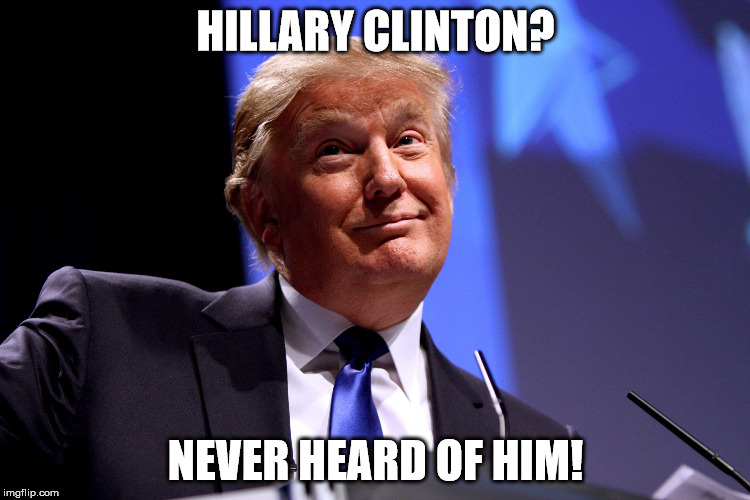 Donald Trump | HILLARY CLINTON? NEVER HEARD OF HIM! | image tagged in donald trump | made w/ Imgflip meme maker