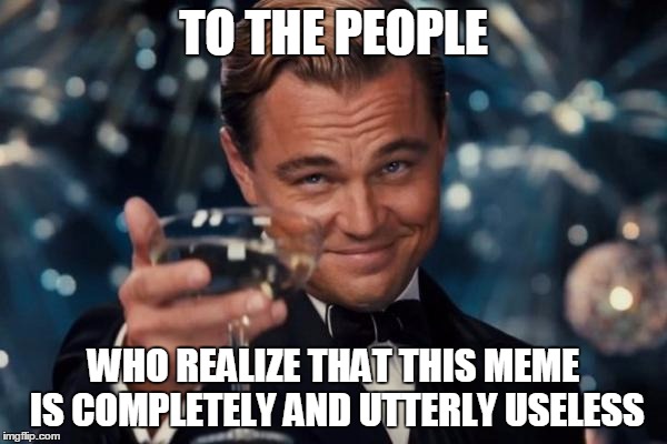 Leonardo Dicaprio Cheers | TO THE PEOPLE; WHO REALIZE THAT THIS MEME IS COMPLETELY AND UTTERLY USELESS | image tagged in memes,leonardo dicaprio cheers | made w/ Imgflip meme maker