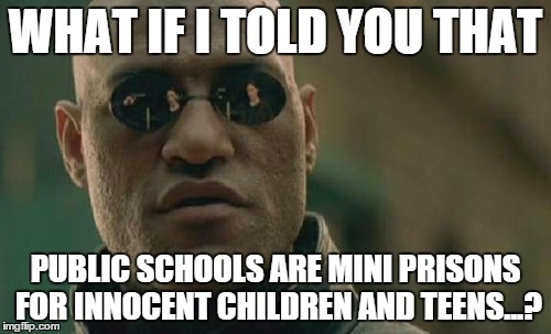 murder=school shooting, rape=(in my school) a boy raping a girl in one of the gym rooms, and stealing=stealing cell phones,etc. | WHAT IF I TOLD YOU THAT; PUBLIC SCHOOLS ARE MINI PRISONS FOR INNOCENT CHILDREN AND TEENS...? | image tagged in memes,matrix morpheus | made w/ Imgflip meme maker