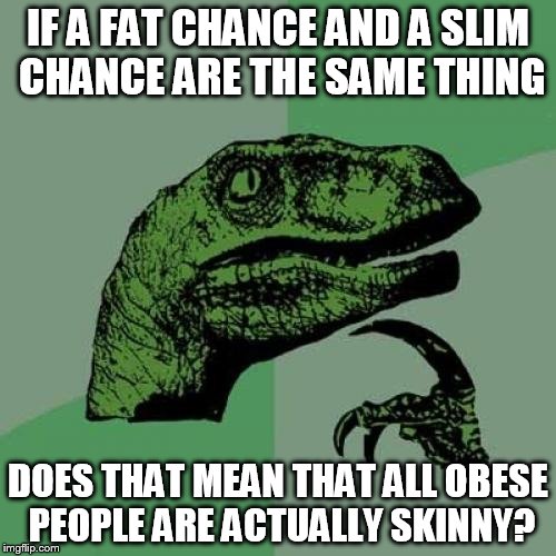Philosoraptor | IF A FAT CHANCE AND A SLIM CHANCE ARE THE SAME THING; DOES THAT MEAN THAT ALL OBESE PEOPLE ARE ACTUALLY SKINNY? | image tagged in memes,philosoraptor | made w/ Imgflip meme maker