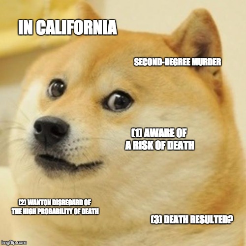 Doge Meme | IN CALIFORNIA; SECOND-DEGREE MURDER; (1) AWARE OF A RISK OF DEATH; (2) WANTON DISREGARD OF THE HIGH PROBABILITY OF DEATH; (3) DEATH RESULTED? | image tagged in memes,doge | made w/ Imgflip meme maker