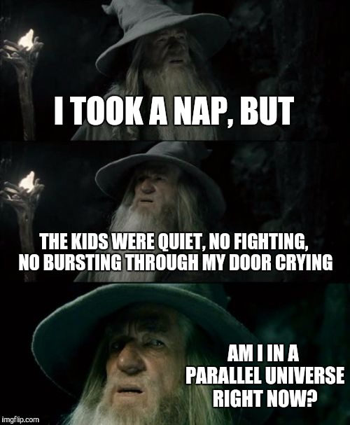 Confused Gandalf | I TOOK A NAP, BUT; THE KIDS WERE QUIET, NO FIGHTING, NO BURSTING THROUGH MY DOOR CRYING; AM I IN A PARALLEL UNIVERSE RIGHT NOW? | image tagged in memes,confused gandalf | made w/ Imgflip meme maker