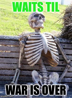 Waiting Skeleton | WAITS TIL; WAR IS OVER | image tagged in memes,waiting skeleton | made w/ Imgflip meme maker