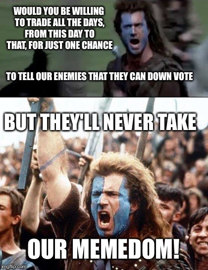 Memeheart | WOULD YOU BE WILLING TO TRADE ALL THE DAYS, FROM THIS DAY TO THAT, FOR JUST ONE CHANCE; TO TELL OUR ENEMIES THAT THEY CAN DOWN VOTE; BUT THEY'LL NEVER TAKE; OUR MEMEDOM! | image tagged in memes,braveheart,funny,freedom,lol | made w/ Imgflip meme maker