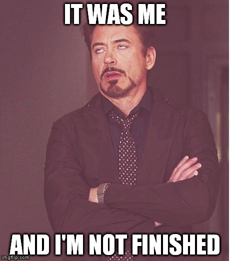 Face You Make Robert Downey Jr Meme | IT WAS ME AND I'M NOT FINISHED | image tagged in memes,face you make robert downey jr | made w/ Imgflip meme maker