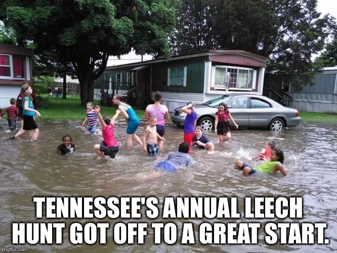 Redneck Swimming Pool | TENNESSEE'S ANNUAL LEECH HUNT GOT OFF TO A GREAT START. | image tagged in redneck swimming pool | made w/ Imgflip meme maker