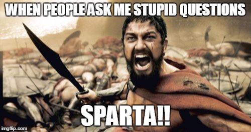 Sparta Leonidas | WHEN PEOPLE ASK ME STUPID QUESTIONS; SPARTA!! | image tagged in memes,sparta leonidas | made w/ Imgflip meme maker