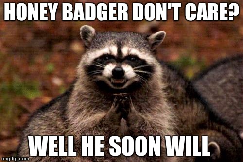 Evil Plotting Raccoon Meme | HONEY BADGER DON'T CARE? WELL HE SOON WILL | image tagged in memes,evil plotting raccoon | made w/ Imgflip meme maker