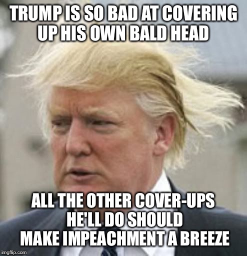 Should be pretty obvious |  TRUMP IS SO BAD AT COVERING UP HIS OWN BALD HEAD; ALL THE OTHER COVER-UPS HE'LL DO SHOULD MAKE IMPEACHMENT A BREEZE | image tagged in donald trump 1,donald trump,trump,memes,president 2016 | made w/ Imgflip meme maker