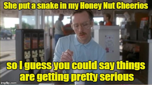 She put a snake in my Honey Nut Cheerios so I guess you could say things are getting pretty serious | made w/ Imgflip meme maker