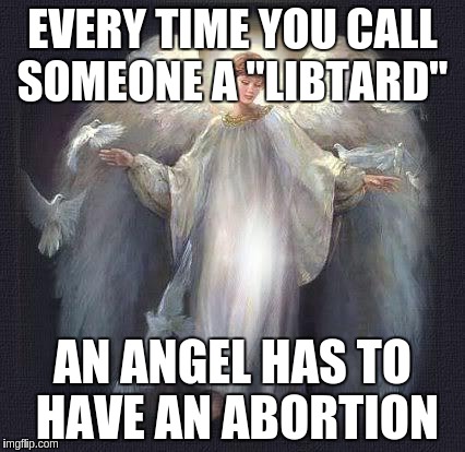 Libtard Angel | EVERY TIME YOU CALL SOMEONE A "LIBTARD"; AN ANGEL HAS TO HAVE AN ABORTION | image tagged in libtard,angel | made w/ Imgflip meme maker