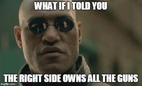 Matrix Morpheus Meme | WHAT IF I TOLD YOU THE RIGHT SIDE OWNS ALL THE GUNS | image tagged in memes,matrix morpheus | made w/ Imgflip meme maker