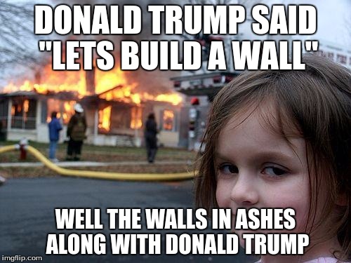 Disaster Girl | DONALD TRUMP SAID "LETS BUILD A WALL"; WELL THE WALLS IN ASHES ALONG WITH DONALD TRUMP | image tagged in memes,disaster girl | made w/ Imgflip meme maker