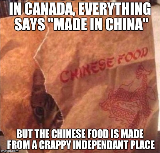 Chinese food | IN CANADA, EVERYTHING SAYS "MADE IN CHINA"; BUT THE CHINESE FOOD IS MADE FROM A CRAPPY INDEPENDANT PLACE | image tagged in chinese food | made w/ Imgflip meme maker