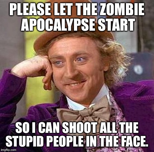 Creepy Condescending Wonka | PLEASE LET THE ZOMBIE APOCALYPSE START; SO I CAN SHOOT ALL THE STUPID PEOPLE IN THE FACE. | image tagged in memes,creepy condescending wonka | made w/ Imgflip meme maker