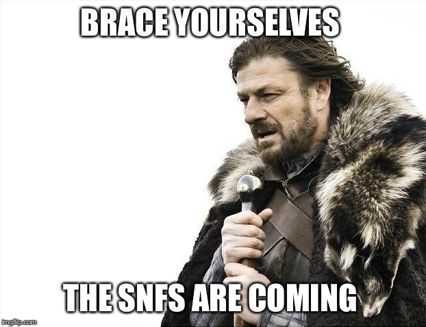 Brace Yourselves X is Coming | BRACE YOURSELVES; THE SNFS ARE COMING | image tagged in memes,brace yourselves x is coming | made w/ Imgflip meme maker