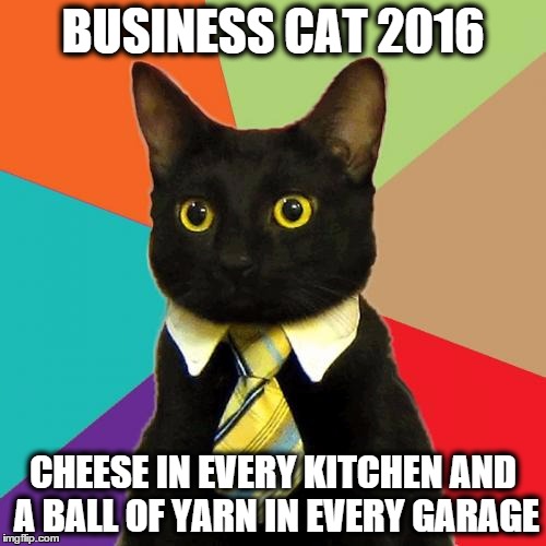 A New Candidate Enters the Race | BUSINESS CAT 2016; CHEESE IN EVERY KITCHEN AND A BALL OF YARN IN EVERY GARAGE | image tagged in memes,business cat | made w/ Imgflip meme maker