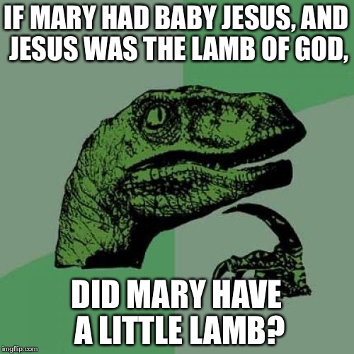 Philosoraptor Meme | IF MARY HAD BABY JESUS, AND JESUS WAS THE LAMB OF GOD, DID MARY HAVE A LITTLE LAMB? | image tagged in memes,philosoraptor | made w/ Imgflip meme maker