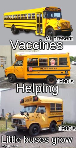 Vaccines are working wonders. | At present; Vaccines; 1990's; Helping; 1980's; Little buses grow | image tagged in vaccine,anti vaccine,short bus | made w/ Imgflip meme maker