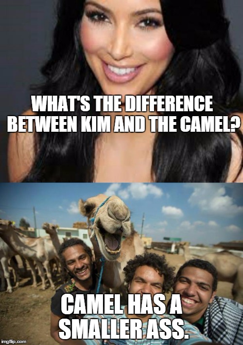 happy camel and kim kardashnian |  WHAT'S THE DIFFERENCE BETWEEN KIM AND THE CAMEL? CAMEL HAS A SMALLER ASS. | image tagged in happy camel and kim kardashnian | made w/ Imgflip meme maker