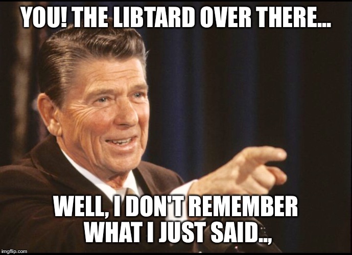 RONALD REAGAN POINTING | YOU! THE LIBTARD OVER THERE... WELL, I DON'T REMEMBER WHAT I JUST SAID.., | image tagged in ronald reagan pointing | made w/ Imgflip meme maker