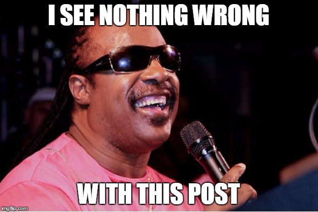 Stevie Wonder | I SEE NOTHING WRONG; WITH THIS POST | image tagged in stevie wonder | made w/ Imgflip meme maker