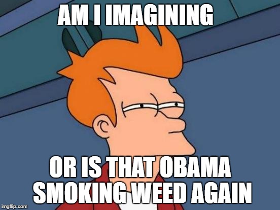 Futurama Fry | AM I IMAGINING; OR IS THAT OBAMA SMOKING WEED AGAIN | image tagged in memes,futurama fry | made w/ Imgflip meme maker