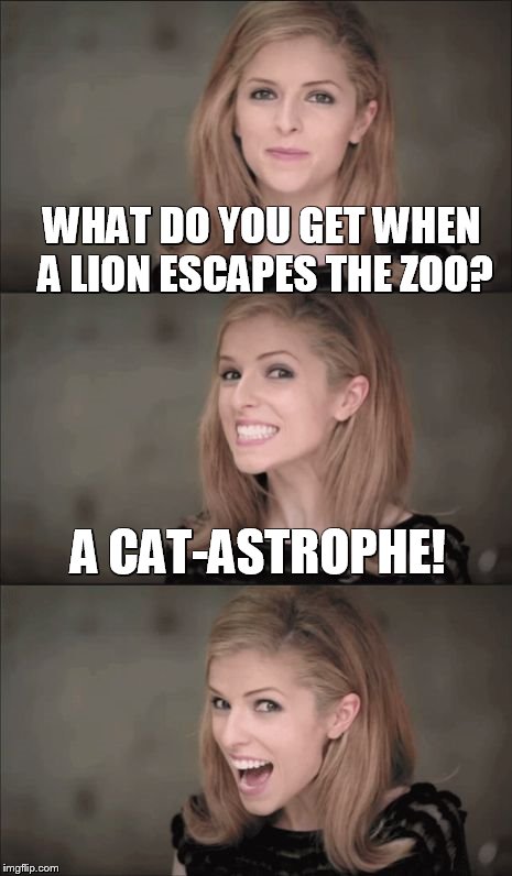 Bad Pun Anna Kendrick | WHAT DO YOU GET WHEN A LION ESCAPES THE ZOO? A CAT-ASTROPHE! | image tagged in bad pun anna kendrick,funny,funny memes,memes,meme,bad pun | made w/ Imgflip meme maker